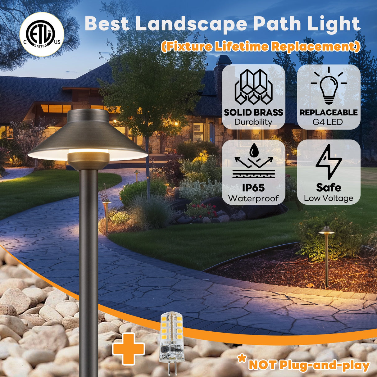 Gardenreet Solid Brass Low Voltage Landscape Pathway Light, LED Outdoor Accent Path and Area Light(Hat 2401)