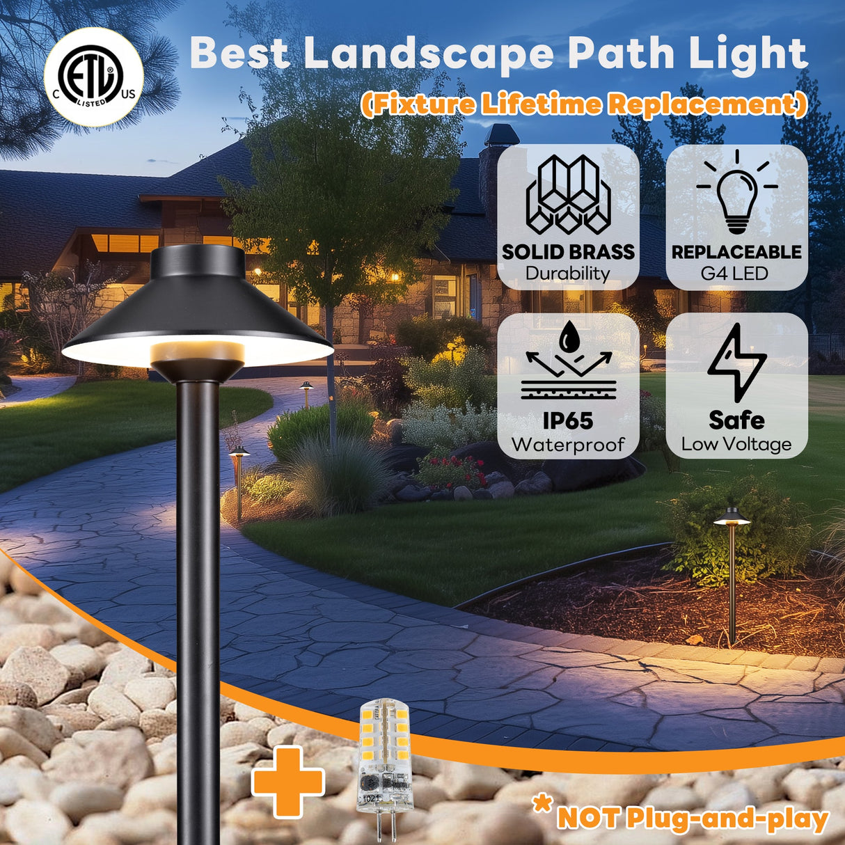 Gardenreet Solid Brass Low Voltage Landscape Pathway Light, LED Outdoor Accent Path and Area Light(Hat 2401)