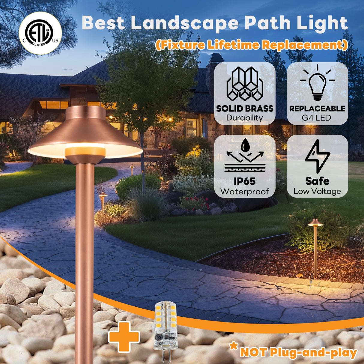 Gardenreet Solid Brass Low Voltage Landscape Pathway Light, LED Outdoor Accent Path and Area Light(Hat 2401)
