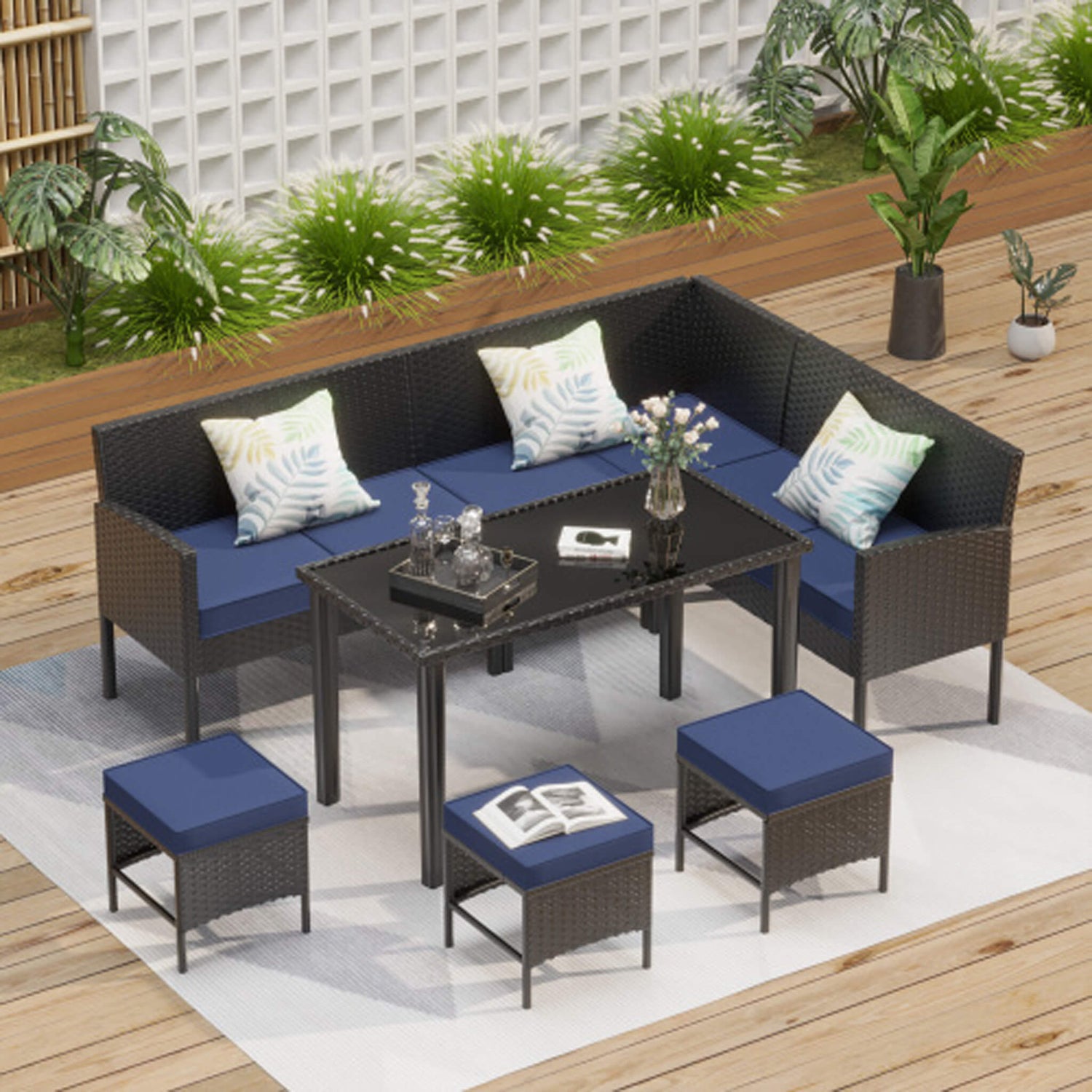 7-Piece Modern Outdoor Patio Furniture Set With Waterproof Cushions & Glass Table (SAK55673)