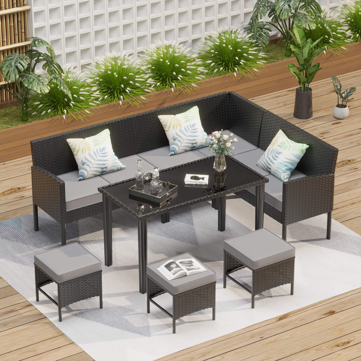 7-Piece Modern Outdoor Patio Furniture Set With Waterproof Cushions & Glass Table (SAK55673)