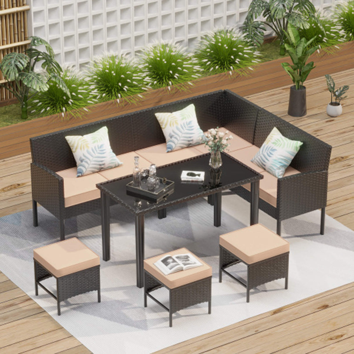 7-Piece Modern Outdoor Patio Furniture Set With Waterproof Cushions & Glass Table (SAK55673)