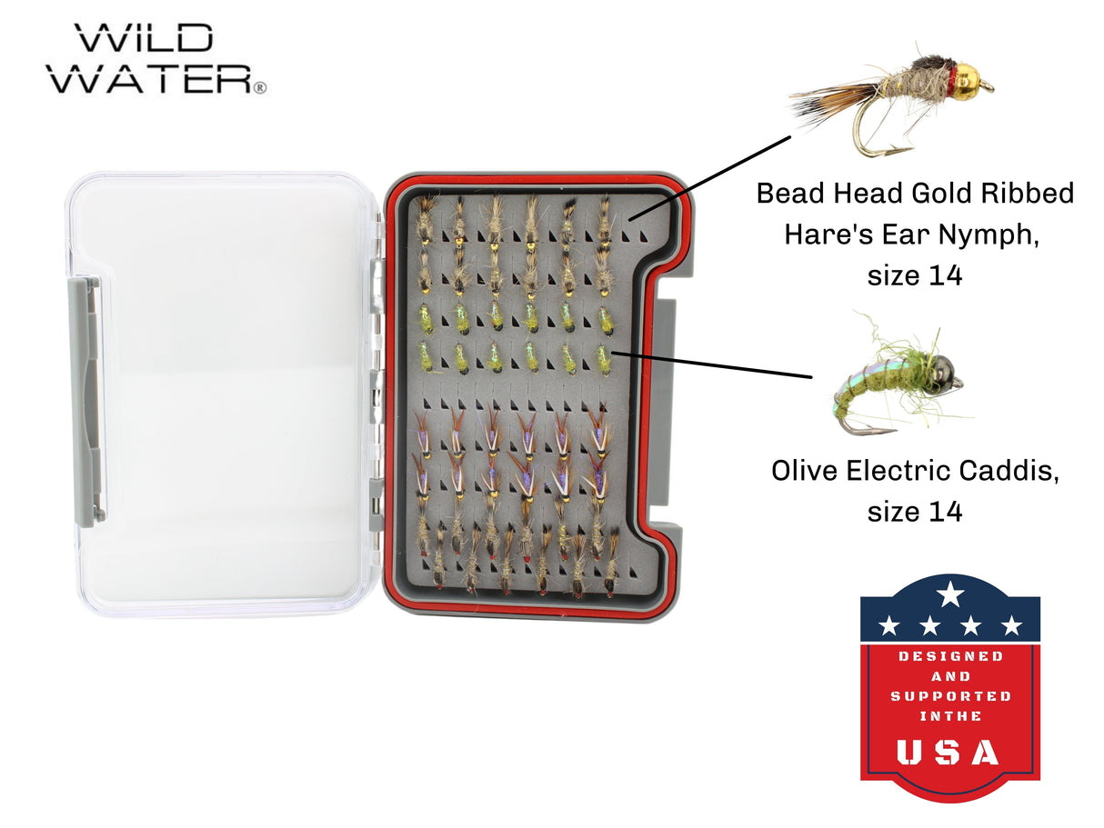 Nymph Fly Assortment, 48 Flies | Low Profile Fly Box | Wild Water Fly Fishing