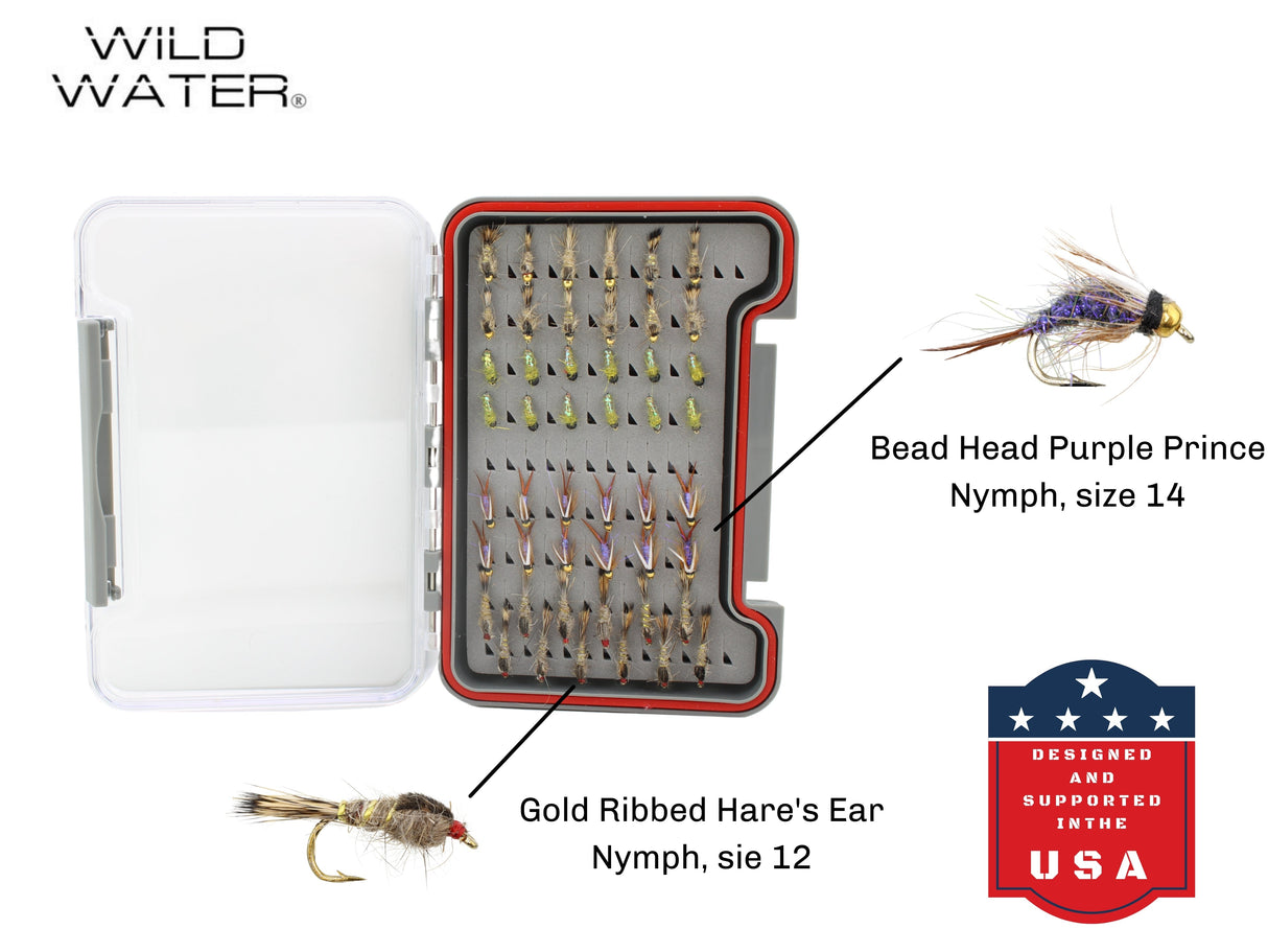 Nymph Fly Assortment, 48 Flies | Low Profile Fly Box | Wild Water Fly Fishing