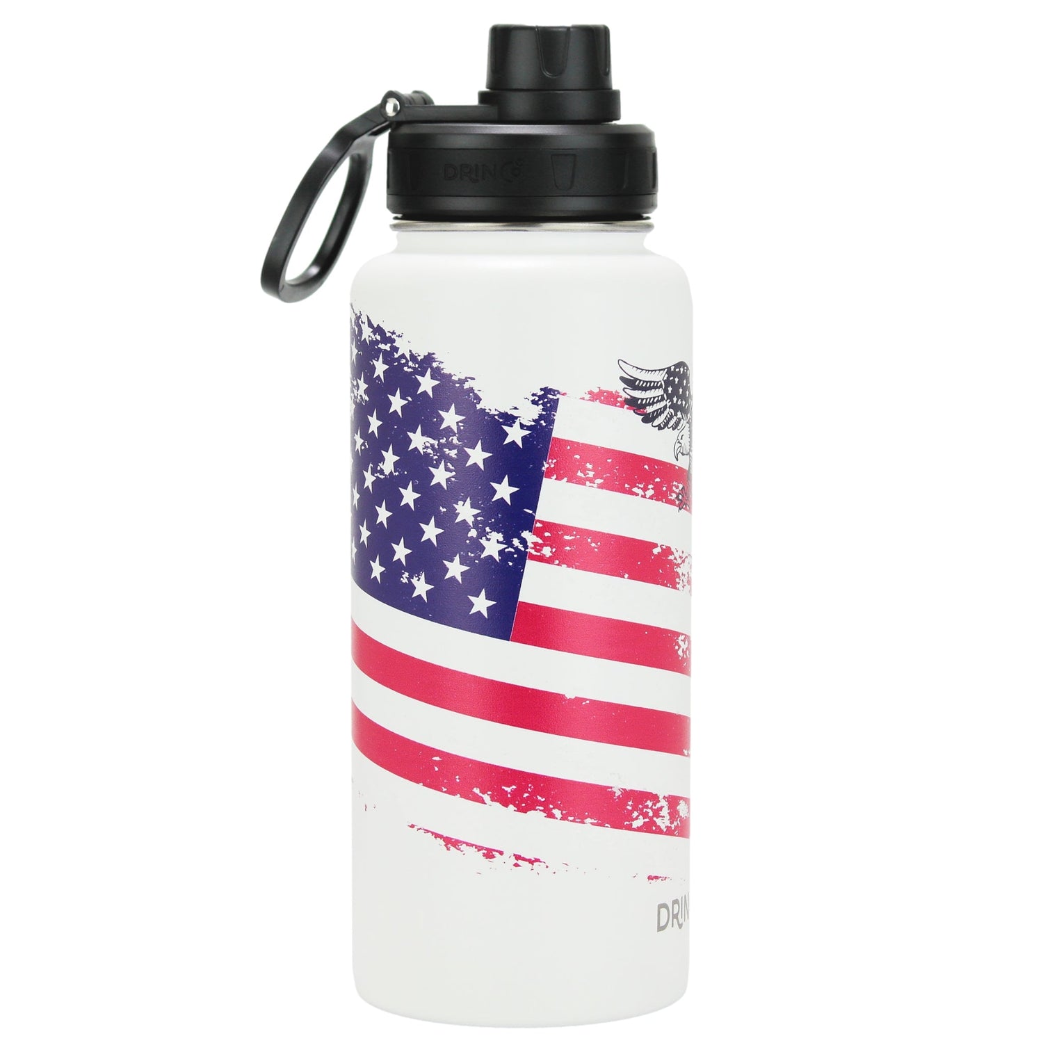 DRINCO® 32oz Insulated Stainless Steel Water Bottle – USA Flag Arctic White | Keeps Drinks Cold 24 Hrs, Hot 12 Hrs | BPA-Free, Eco-Friendly
