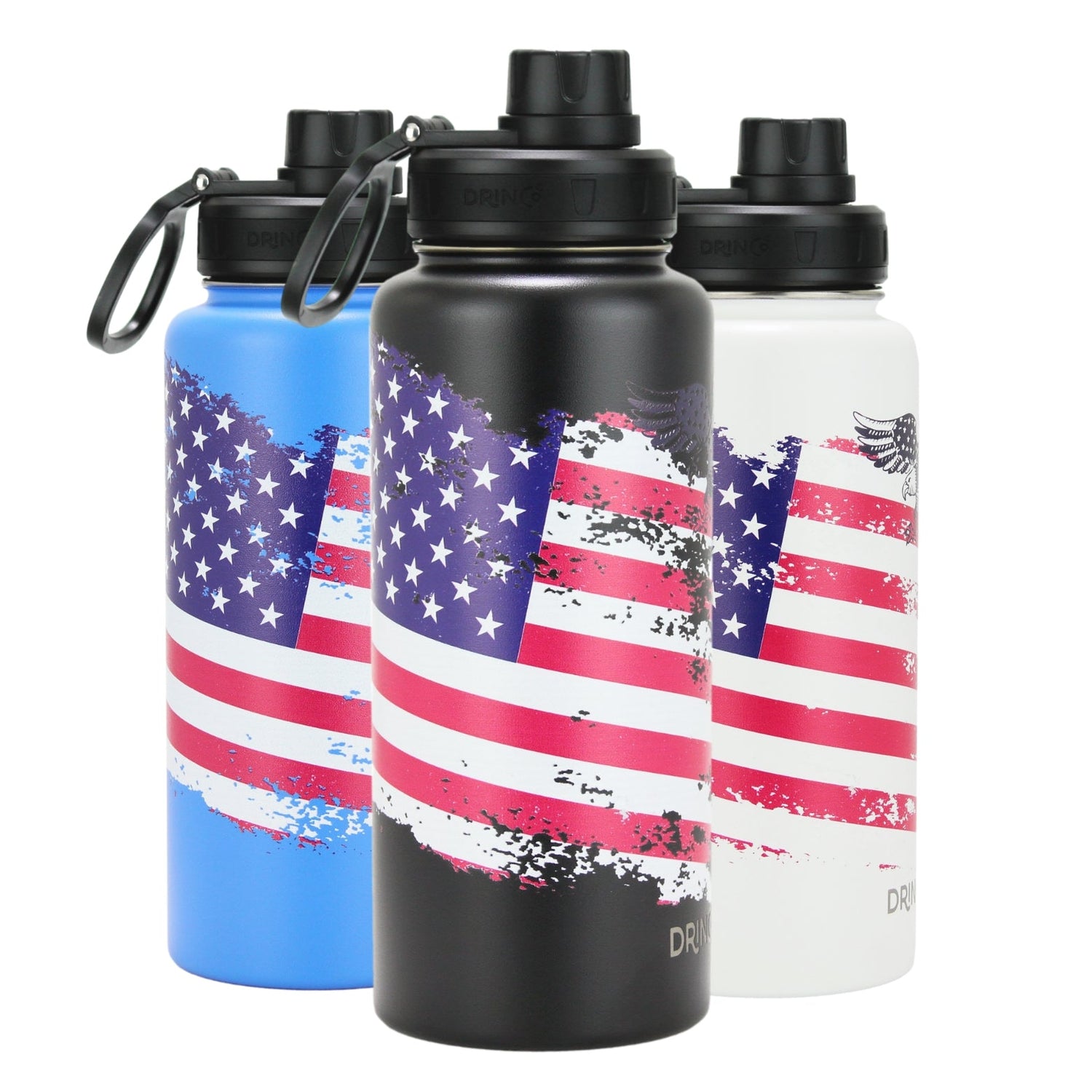 DRINCO® 32oz Insulated Stainless Steel Water Bottle – USA Flag Arctic White | Keeps Drinks Cold 24 Hrs, Hot 12 Hrs | BPA-Free, Eco-Friendly