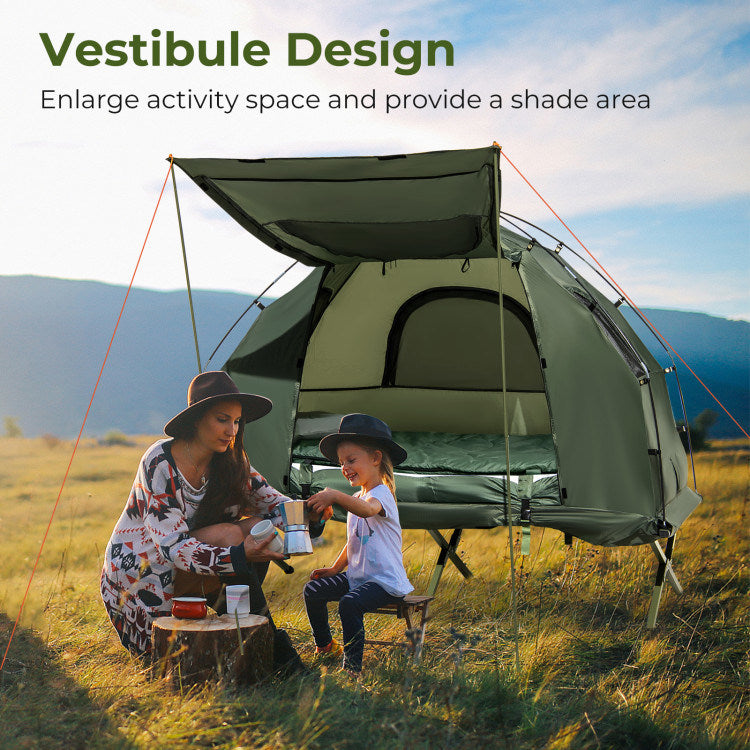 1-Person Folding Camping Tent Combo with Sunshade, Air Mattress & Sleeping Bag – 5-in-1 Off-Ground Cot Shelter for Backpacking & Outdoor Travel