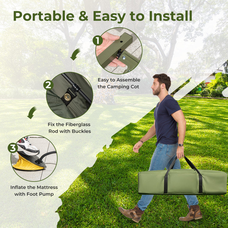 1-Person Folding Camping Tent Combo with Sunshade, Air Mattress & Sleeping Bag – 5-in-1 Off-Ground Cot Shelter for Backpacking & Outdoor Travel