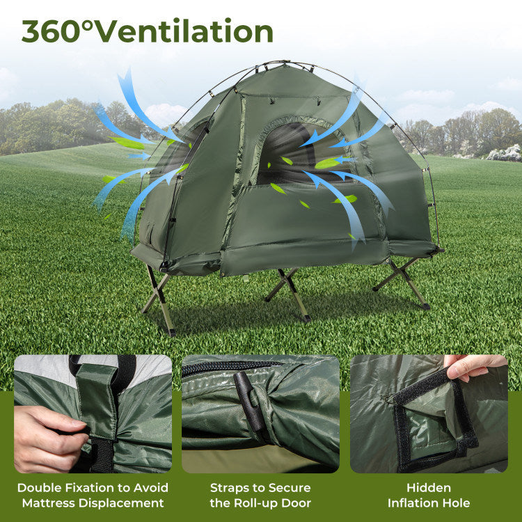 1-Person Folding Camping Tent Combo with Sunshade, Air Mattress & Sleeping Bag – 5-in-1 Off-Ground Cot Shelter for Backpacking & Outdoor Travel