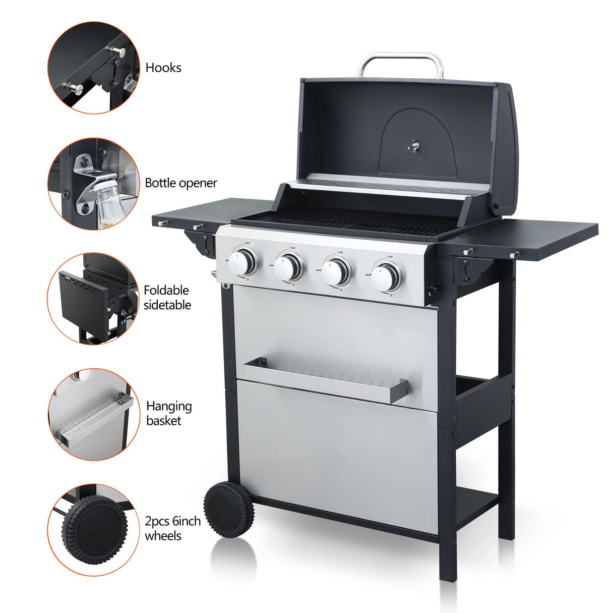 4-Burner Propane BBQ Grill – 34,200 BTU with Foldable Table & Hooks