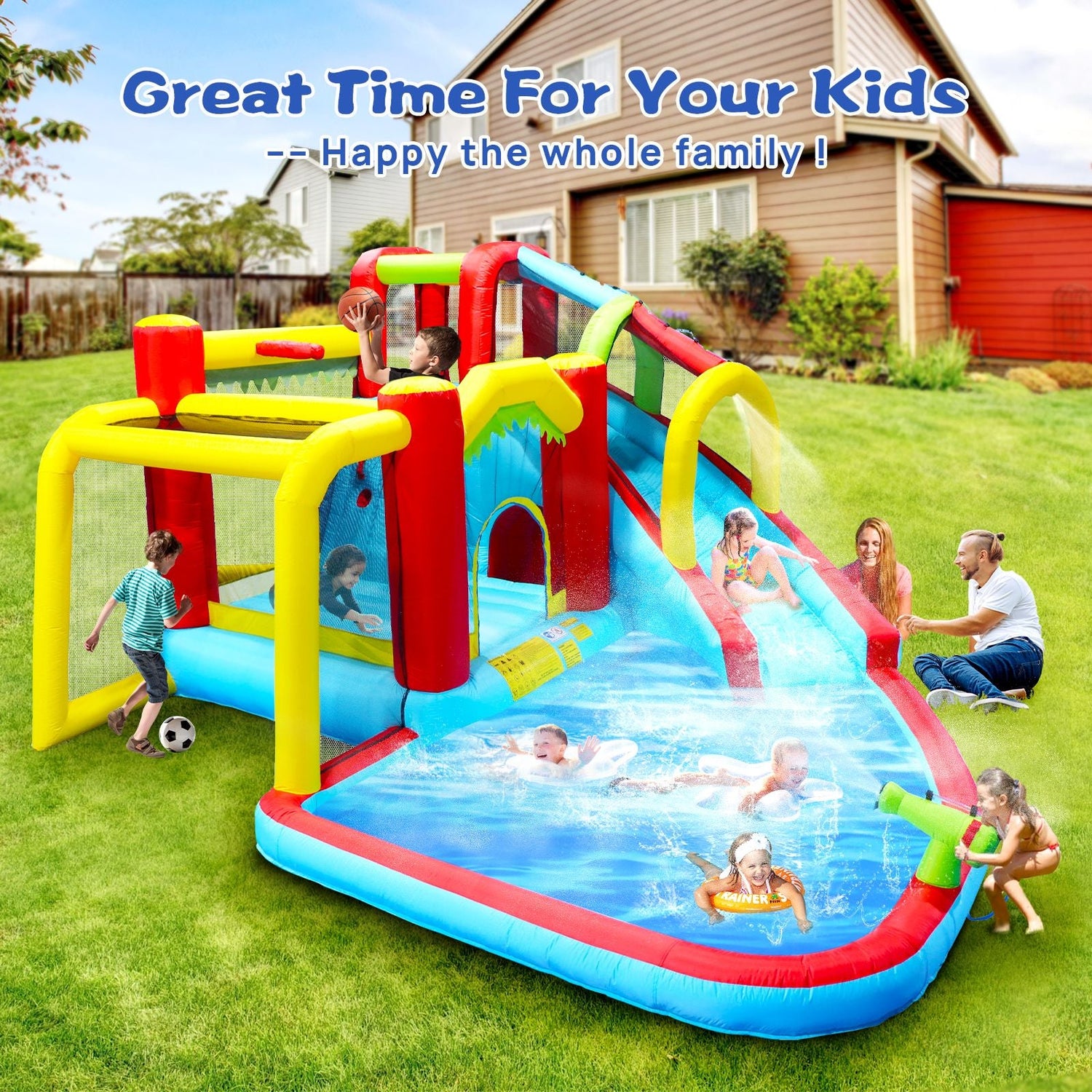 7-in-1 Inflatable Water Slide Bounce House with Pool