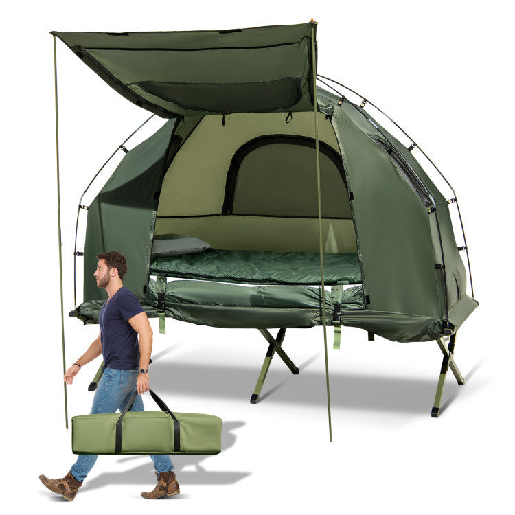 1-Person Folding Camping Tent Combo with Sunshade, Air Mattress & Sleeping Bag – 5-in-1 Off-Ground Cot Shelter for Backpacking & Outdoor Travel