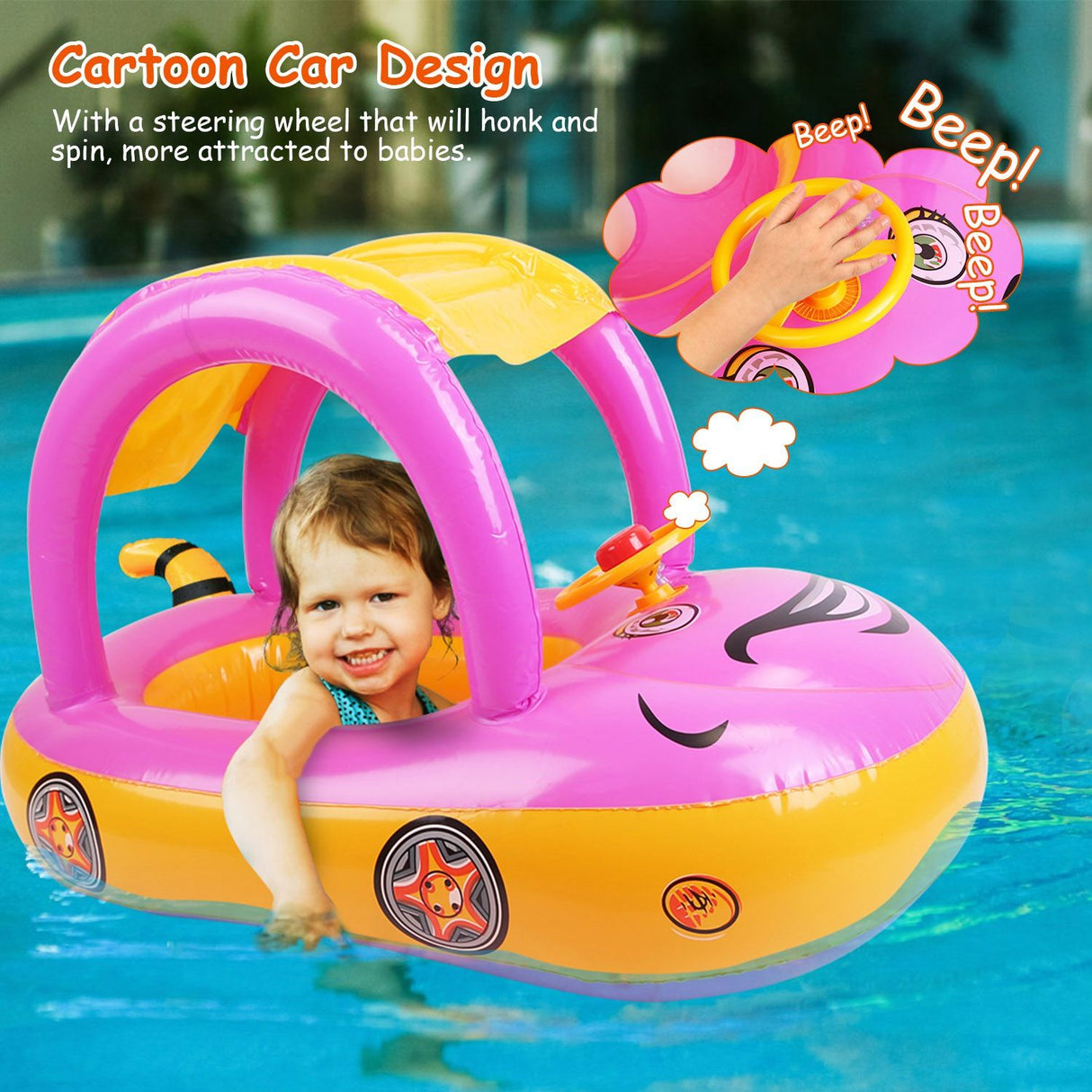 Car-Shaped Baby Float with Canopy – Toddler Swim Ring Toy