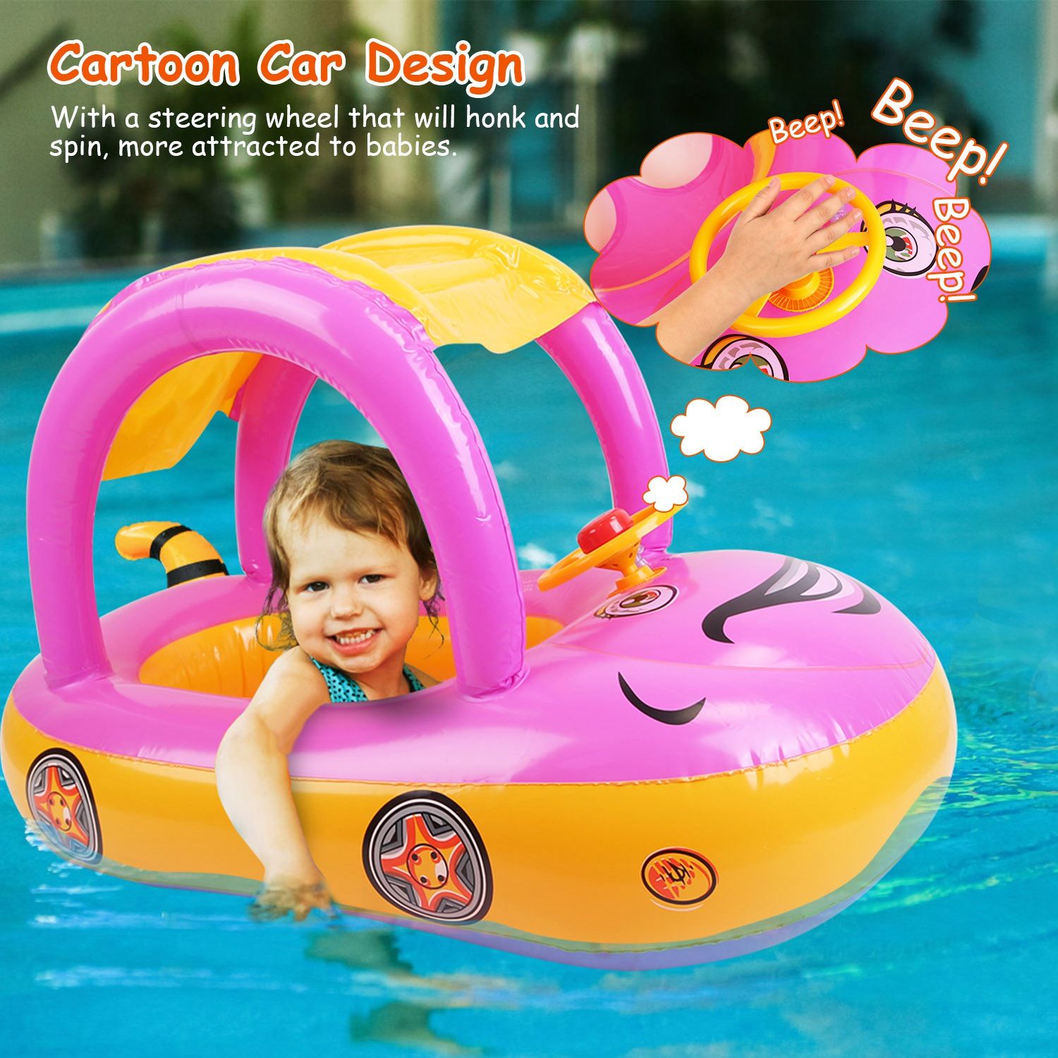 Car-Shaped Baby Float with Canopy – Toddler Swim Ring Toy