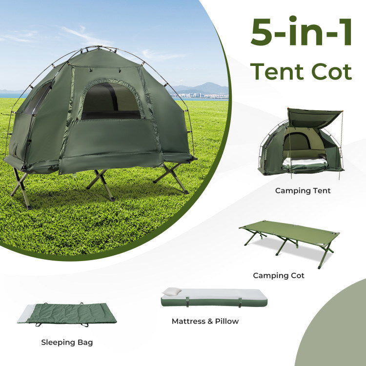1-Person Folding Camping Tent Combo with Sunshade, Air Mattress & Sleeping Bag – 5-in-1 Off-Ground Cot Shelter for Backpacking & Outdoor Travel