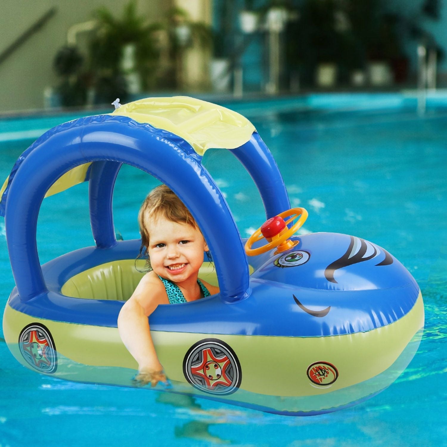 Car-Shaped Baby Float with Canopy – Toddler Swim Ring Toy