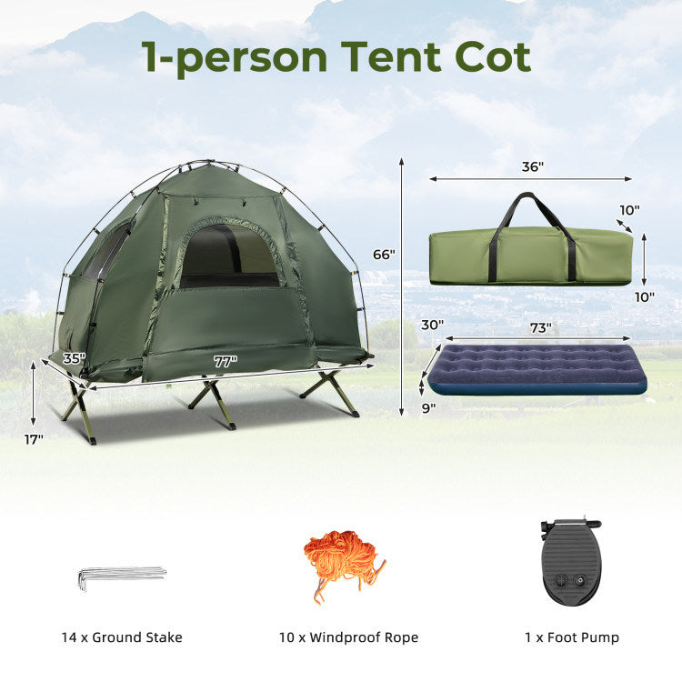 1-Person Folding Camping Tent Combo with Sunshade, Air Mattress & Sleeping Bag – 5-in-1 Off-Ground Cot Shelter for Backpacking & Outdoor Travel