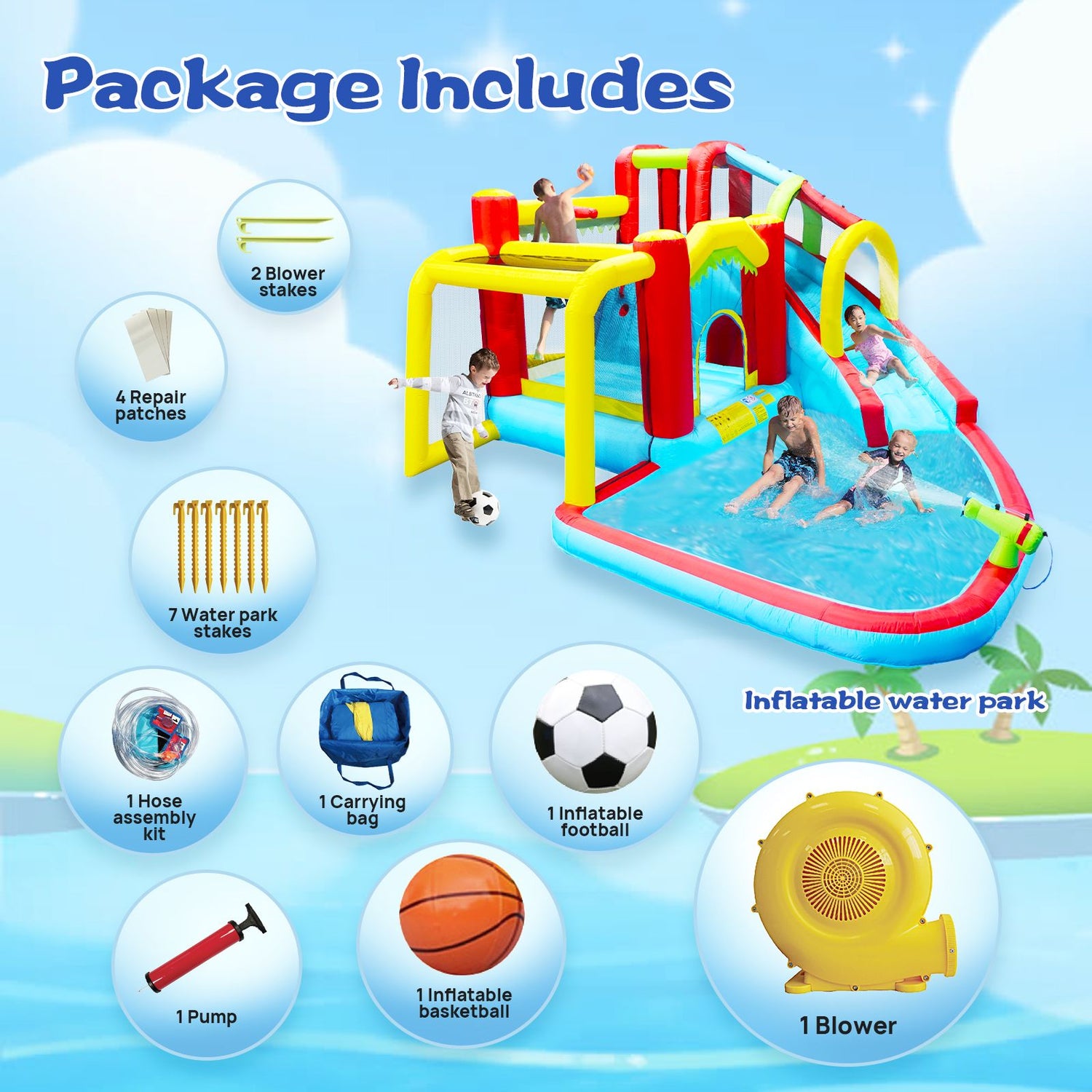 7-in-1 Inflatable Water Slide Bounce House with Pool