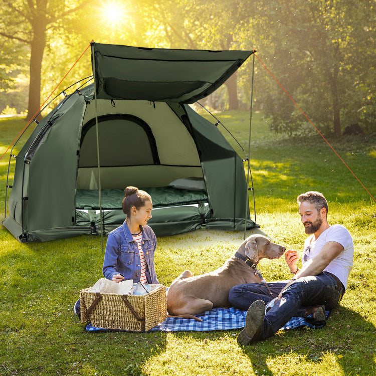 1-Person Folding Camping Tent Combo with Sunshade, Air Mattress & Sleeping Bag – 5-in-1 Off-Ground Cot Shelter for Backpacking & Outdoor Travel
