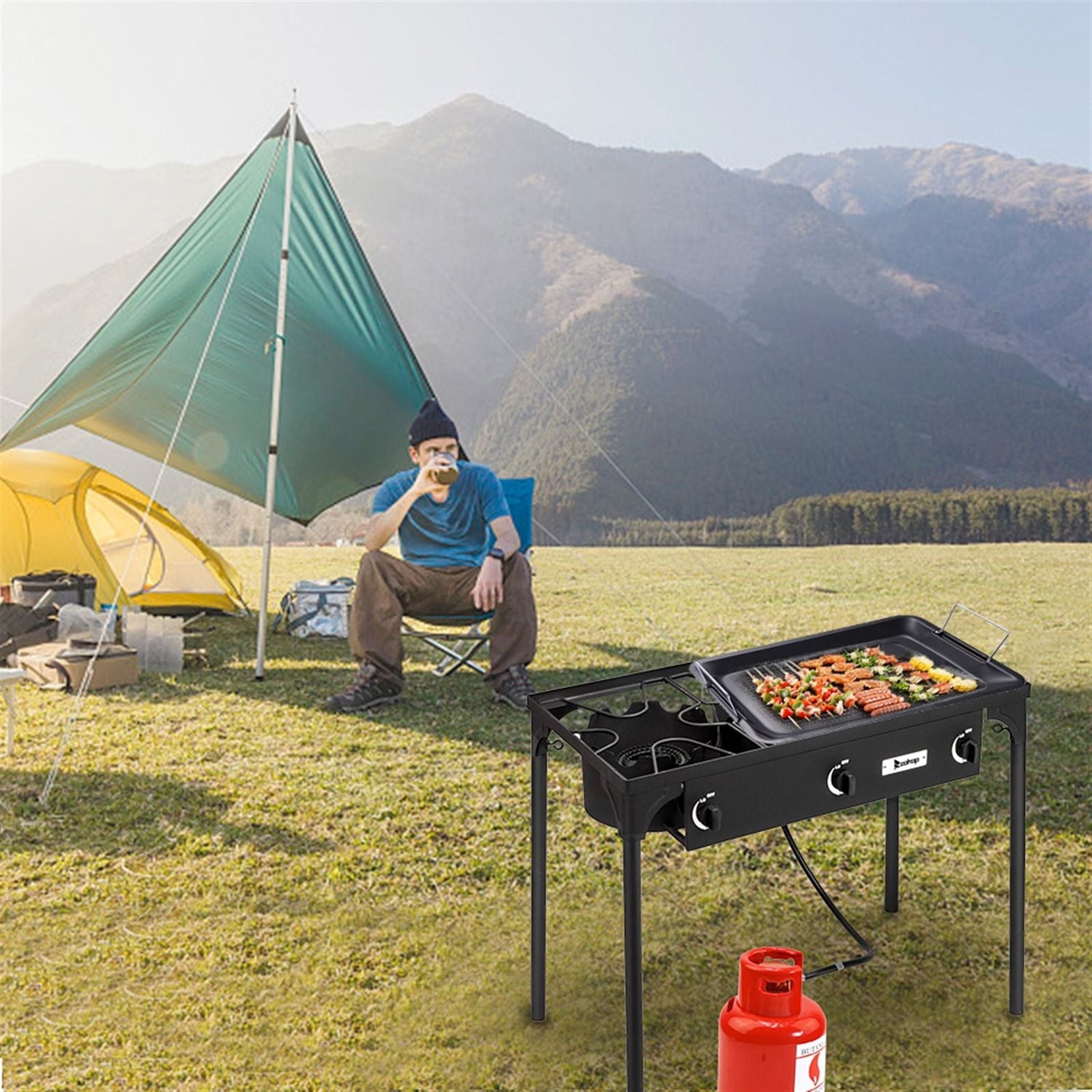 225,000 BTU Outdoor Propane Camp Stove – 3 Burner Cooker