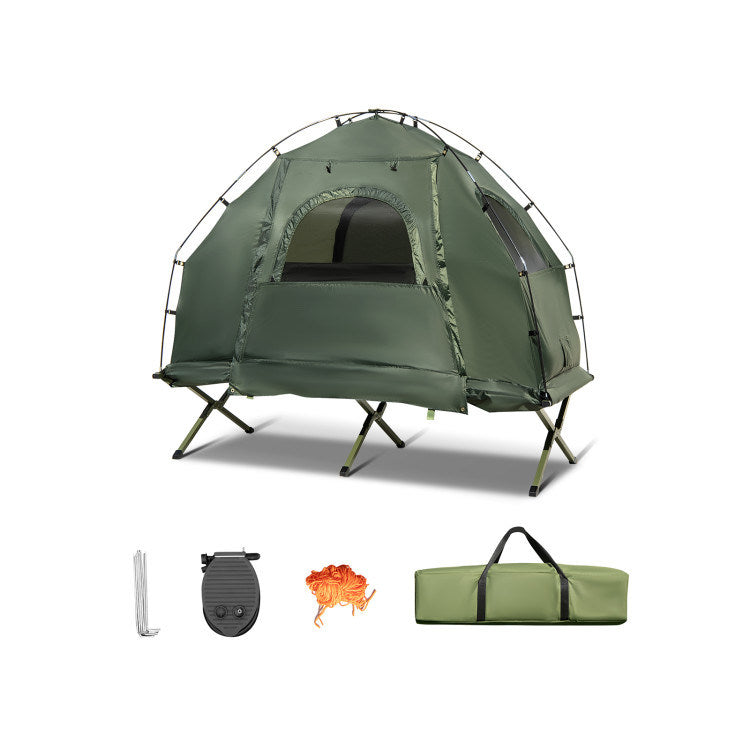 1-Person Folding Camping Tent Combo with Sunshade, Air Mattress & Sleeping Bag – 5-in-1 Off-Ground Cot Shelter for Backpacking & Outdoor Travel