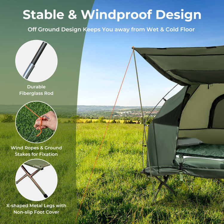 1-Person Folding Camping Tent Combo with Sunshade, Air Mattress & Sleeping Bag – 5-in-1 Off-Ground Cot Shelter for Backpacking & Outdoor Travel