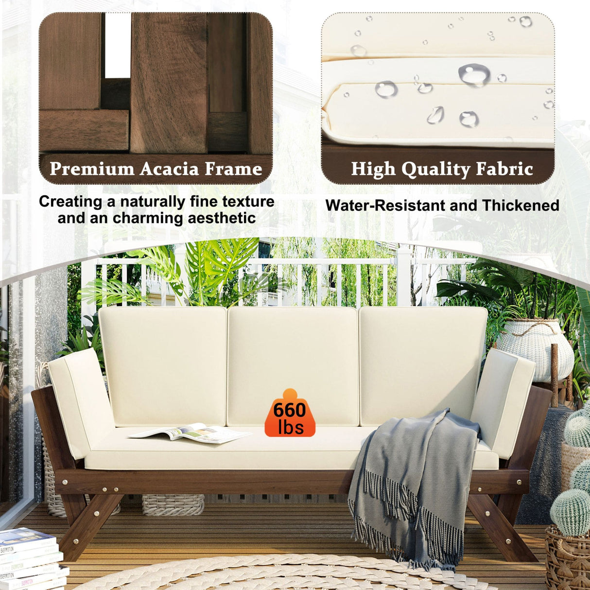 Outdoor Adjustable Wooden Patio Daybed Sofa With Cushions (SAK41345)