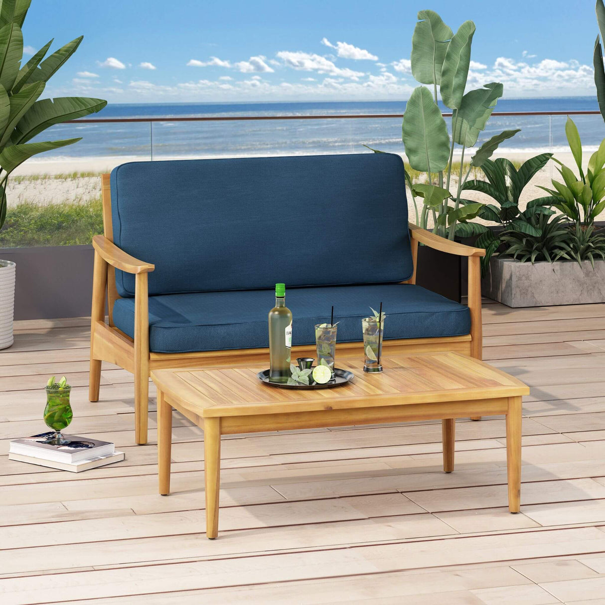 Premium 4-Piece Wooden Outdoor Patio Conversation Seating Set With Cushions (SAK31469)