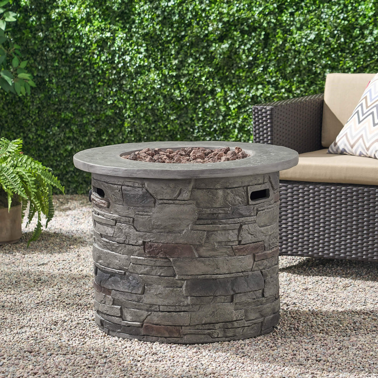 32" Transitional Outdoor Concrete Round Propane Fire Pit Table, Gray (SAK48268)