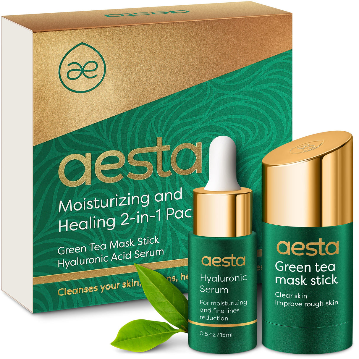 Aesta Green Tea Mask Stick & Hyaluronic Acid Serum Set – Deep Clean Pore Detox & Anti-Aging Hydration for All Skin Types – Vegan, Natural & Mess-Free