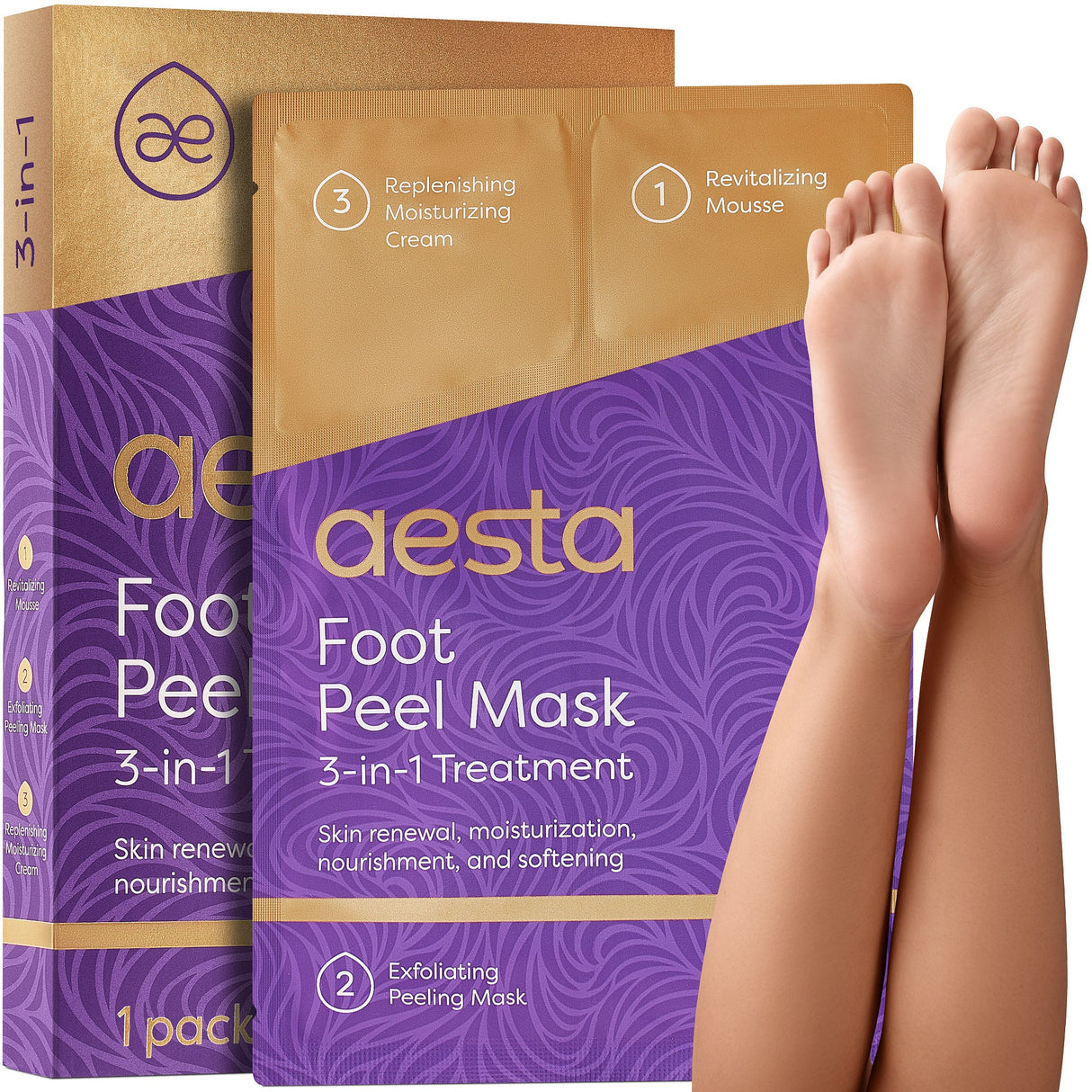 Aesta 3-in-1 Foot Peel Mask Set – Exfoliating Foot Mask with Moisturizer & Cleanser for Dry, Cracked Heels & Callus Removal – Plant-Based, Vegan, Men & Women