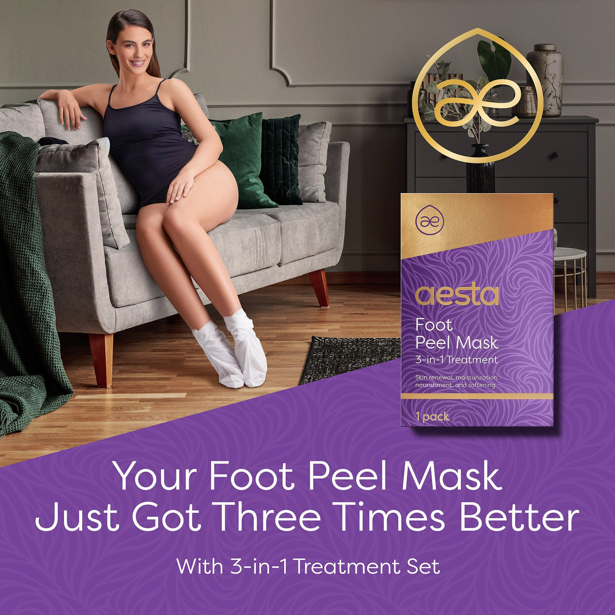 Aesta 3-in-1 Foot Peel Mask Set – Exfoliating Foot Mask with Moisturizer & Cleanser for Dry, Cracked Heels & Callus Removal – Plant-Based, Vegan, Men & Women