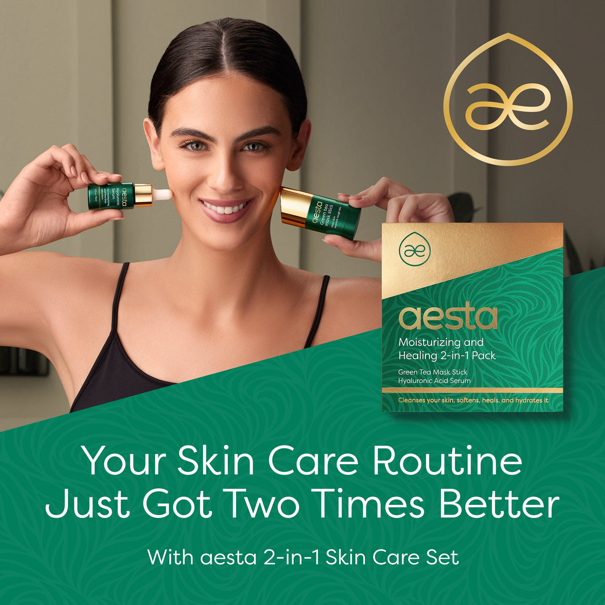 Aesta Green Tea Mask Stick & Hyaluronic Acid Serum Set – Deep Clean Pore Detox & Anti-Aging Hydration for All Skin Types – Vegan, Natural & Mess-Free