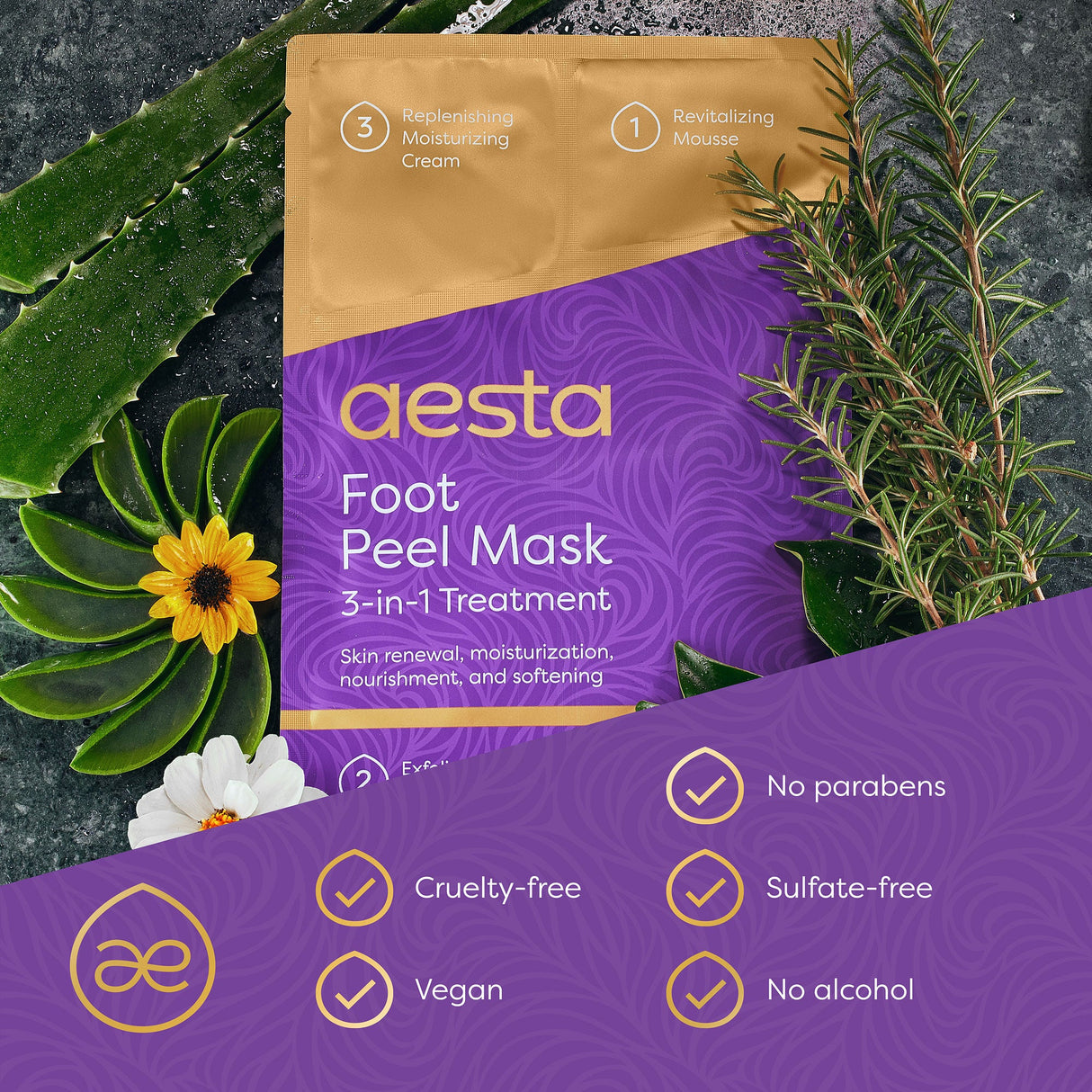 Aesta 3-in-1 Foot Peel Mask Set – Exfoliating Foot Mask with Moisturizer & Cleanser for Dry, Cracked Heels & Callus Removal – Plant-Based, Vegan, Men & Women