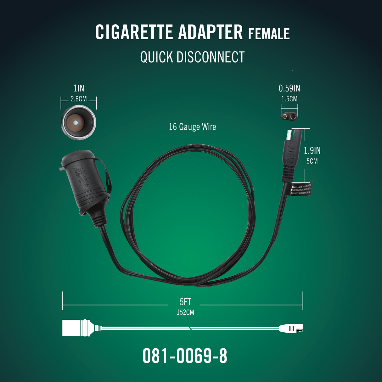 Battery Tender® Female Cigarette Adapter Accessory Cable – 12V Quick Disconnect with 5-Foot Extension