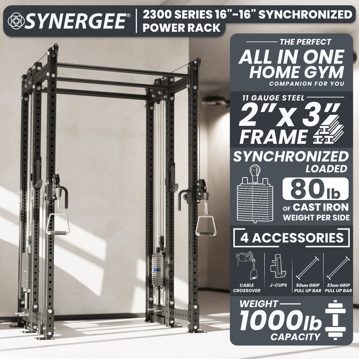 Synergee 2300 Series Power Cage with Synchronized Cable Crossovers – Dual 80lb Stacks, Adjustable Pulleys, and Multi-Grip Pull-Up Bars