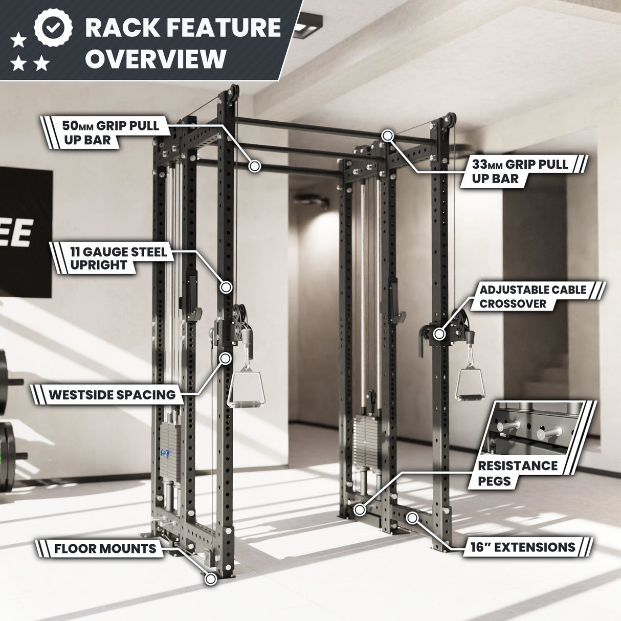 Synergee 2300 Series Power Cage with Synchronized Cable Crossovers – Dual 80lb Stacks, Adjustable Pulleys, and Multi-Grip Pull-Up Bars