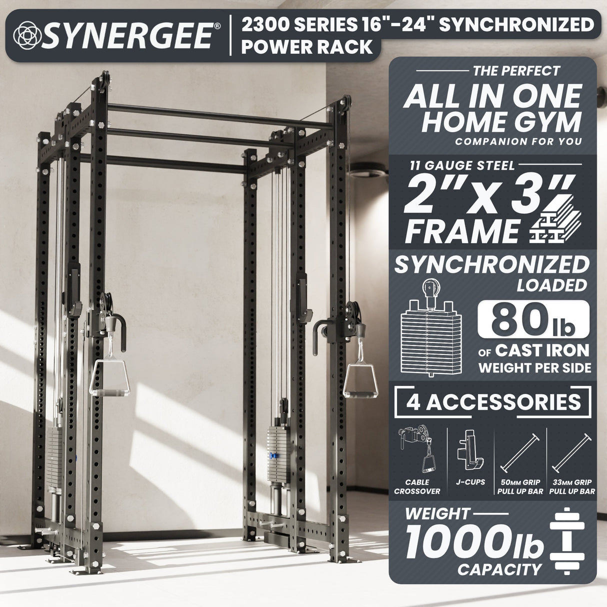 Synergee 2300 Series Power Cage with Synchronized Cable Crossovers – Dual 80lb Stacks, Adjustable Pulleys, and Multi-Grip Pull-Up Bars