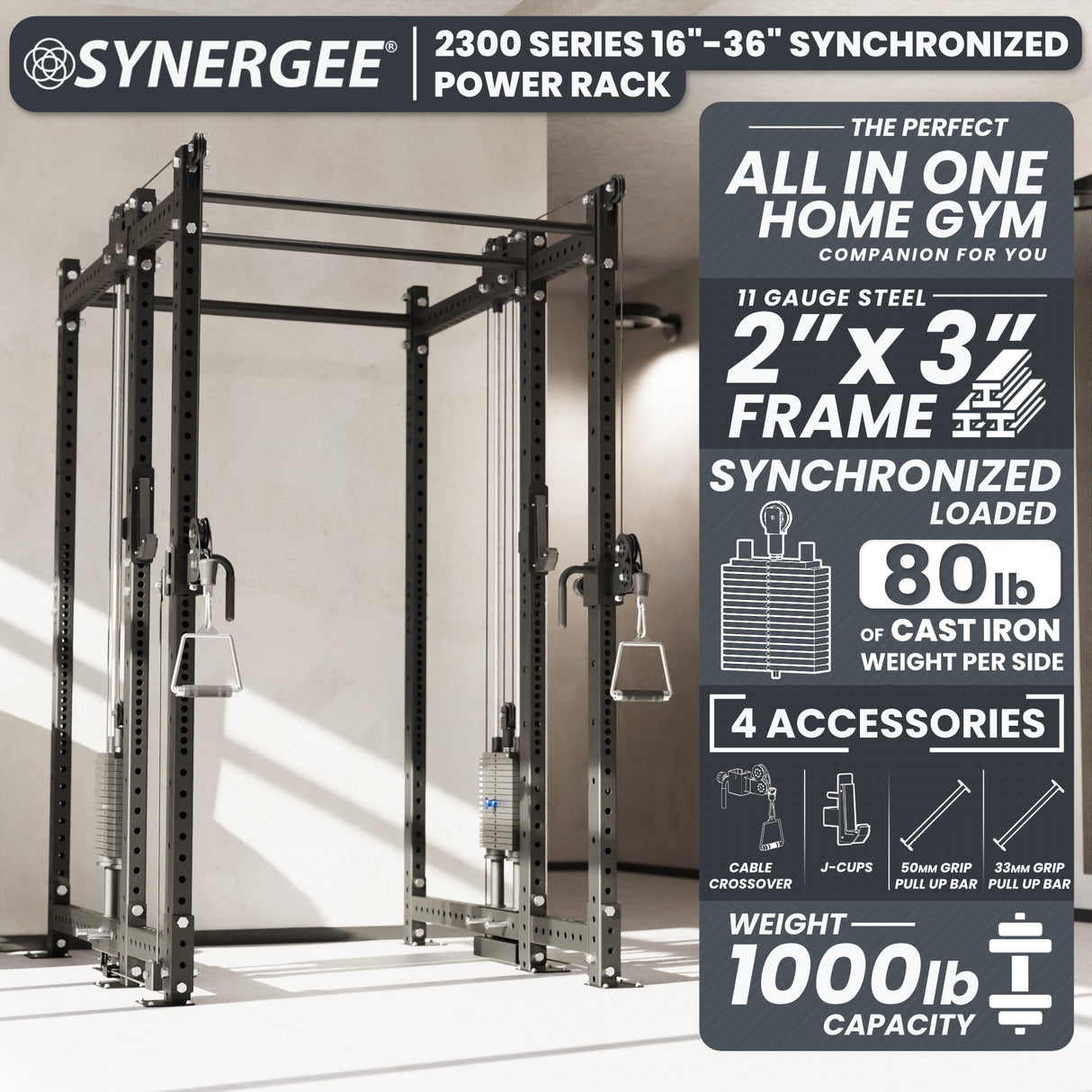 Synergee 2300 Series Power Cage with Synchronized Cable Crossovers – Dual 80lb Stacks, Adjustable Pulleys, and Multi-Grip Pull-Up Bars