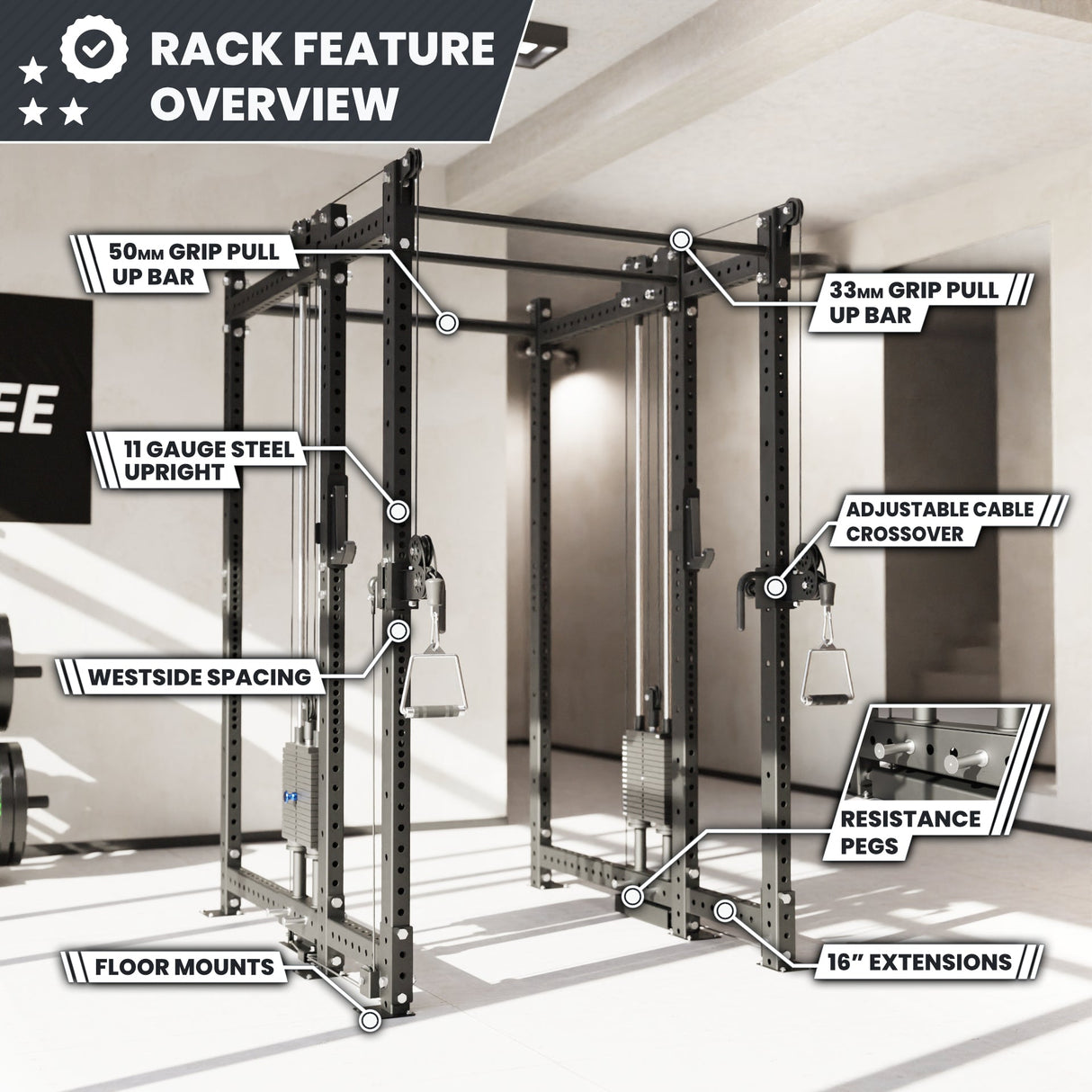 Synergee 2300 Series Power Cage with Synchronized Cable Crossovers – Dual 80lb Stacks, Adjustable Pulleys, and Multi-Grip Pull-Up Bars
