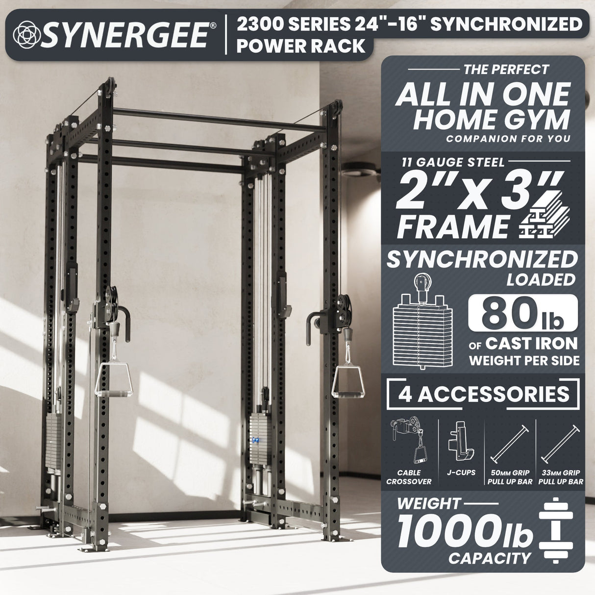 Synergee 2300 Series Power Cage with Synchronized Cable Crossovers – Dual 80lb Stacks, Adjustable Pulleys, and Multi-Grip Pull-Up Bars