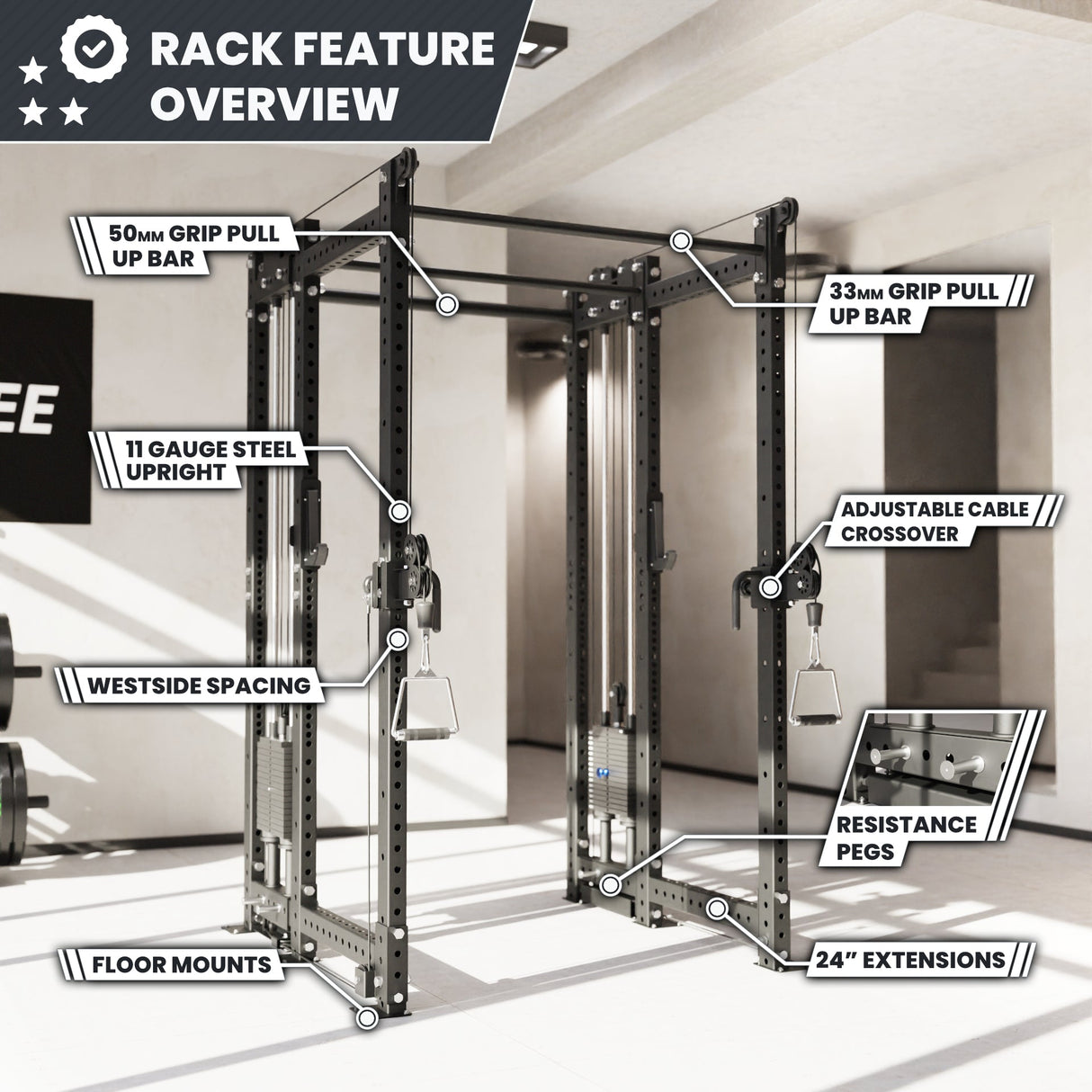 Synergee 2300 Series Power Cage with Synchronized Cable Crossovers – Dual 80lb Stacks, Adjustable Pulleys, and Multi-Grip Pull-Up Bars