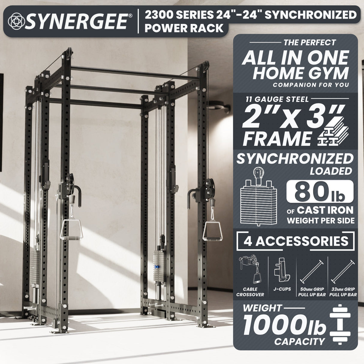 Synergee 2300 Series Power Cage with Synchronized Cable Crossovers – Dual 80lb Stacks, Adjustable Pulleys, and Multi-Grip Pull-Up Bars