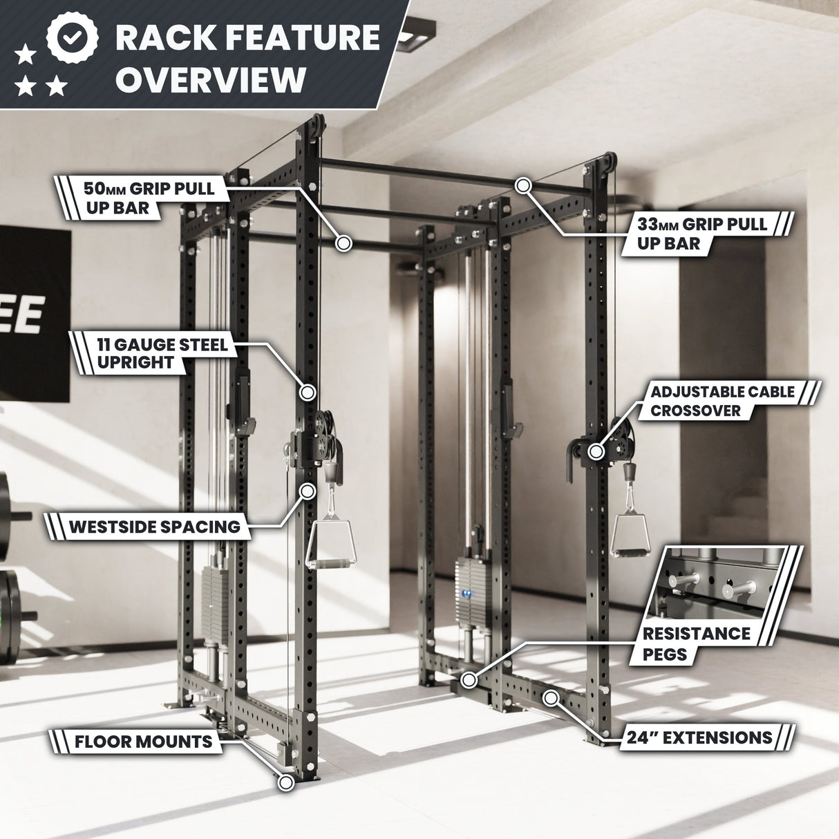 Synergee 2300 Series Power Cage with Synchronized Cable Crossovers – Dual 80lb Stacks, Adjustable Pulleys, and Multi-Grip Pull-Up Bars