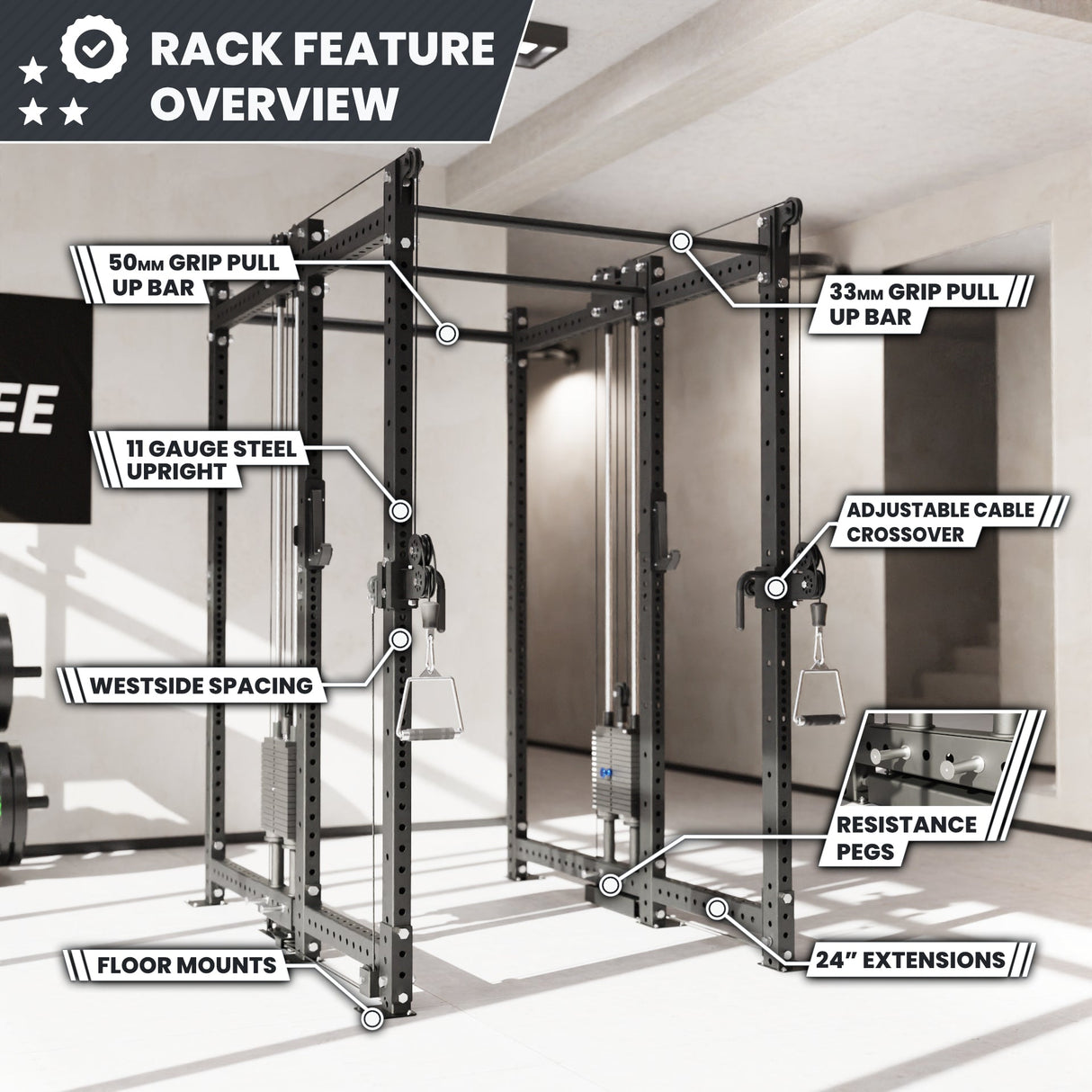 Synergee 2300 Series Power Cage with Synchronized Cable Crossovers – Dual 80lb Stacks, Adjustable Pulleys, and Multi-Grip Pull-Up Bars