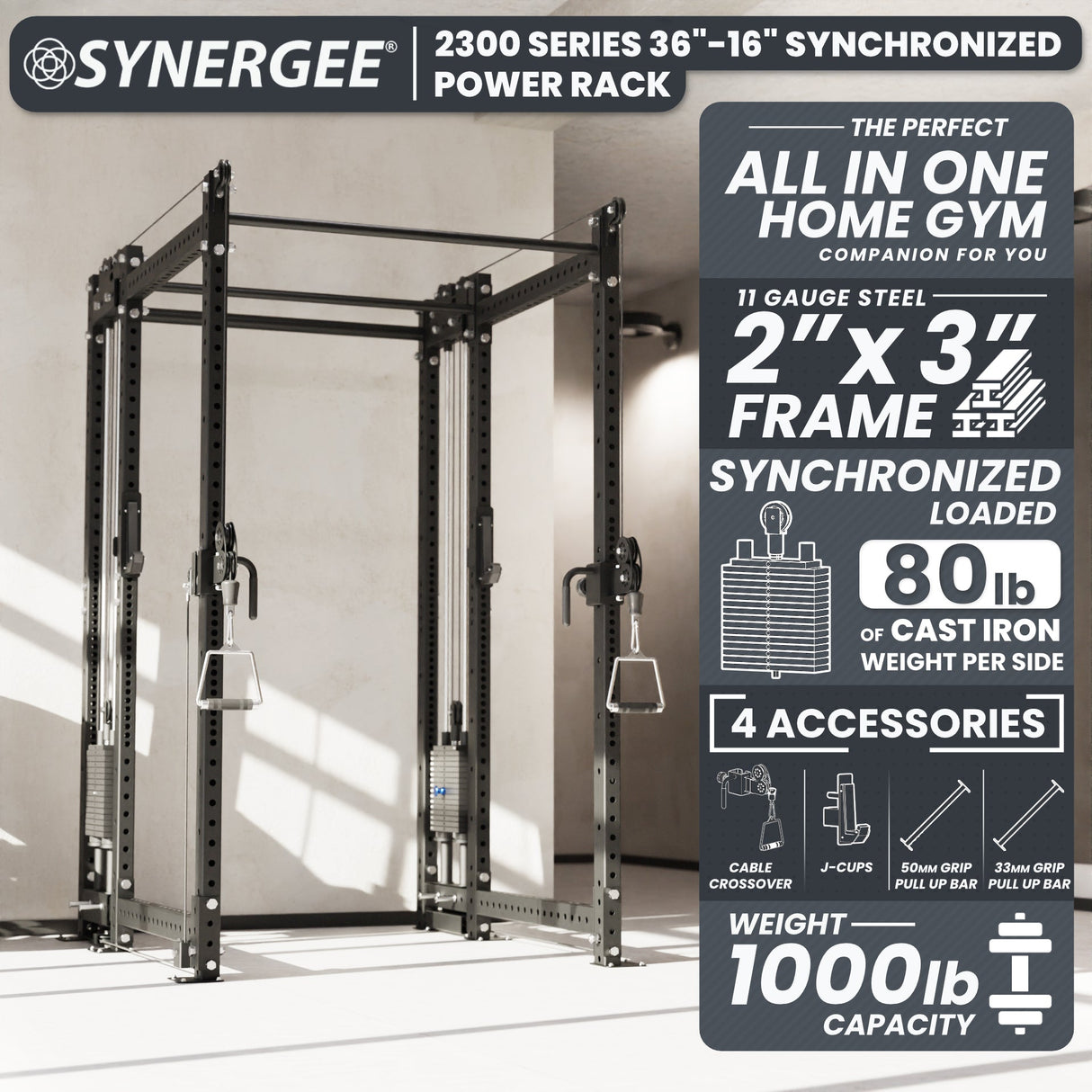 Synergee 2300 Series Power Cage with Synchronized Cable Crossovers – Dual 80lb Stacks, Adjustable Pulleys, and Multi-Grip Pull-Up Bars
