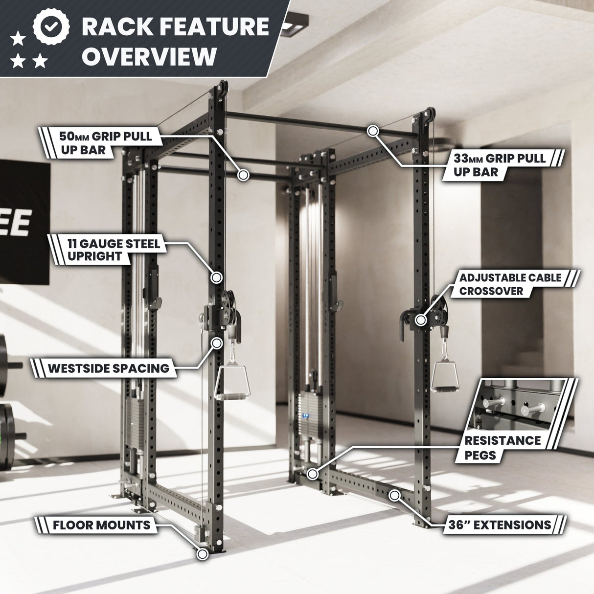 Synergee 2300 Series Power Cage with Synchronized Cable Crossovers – Dual 80lb Stacks, Adjustable Pulleys, and Multi-Grip Pull-Up Bars