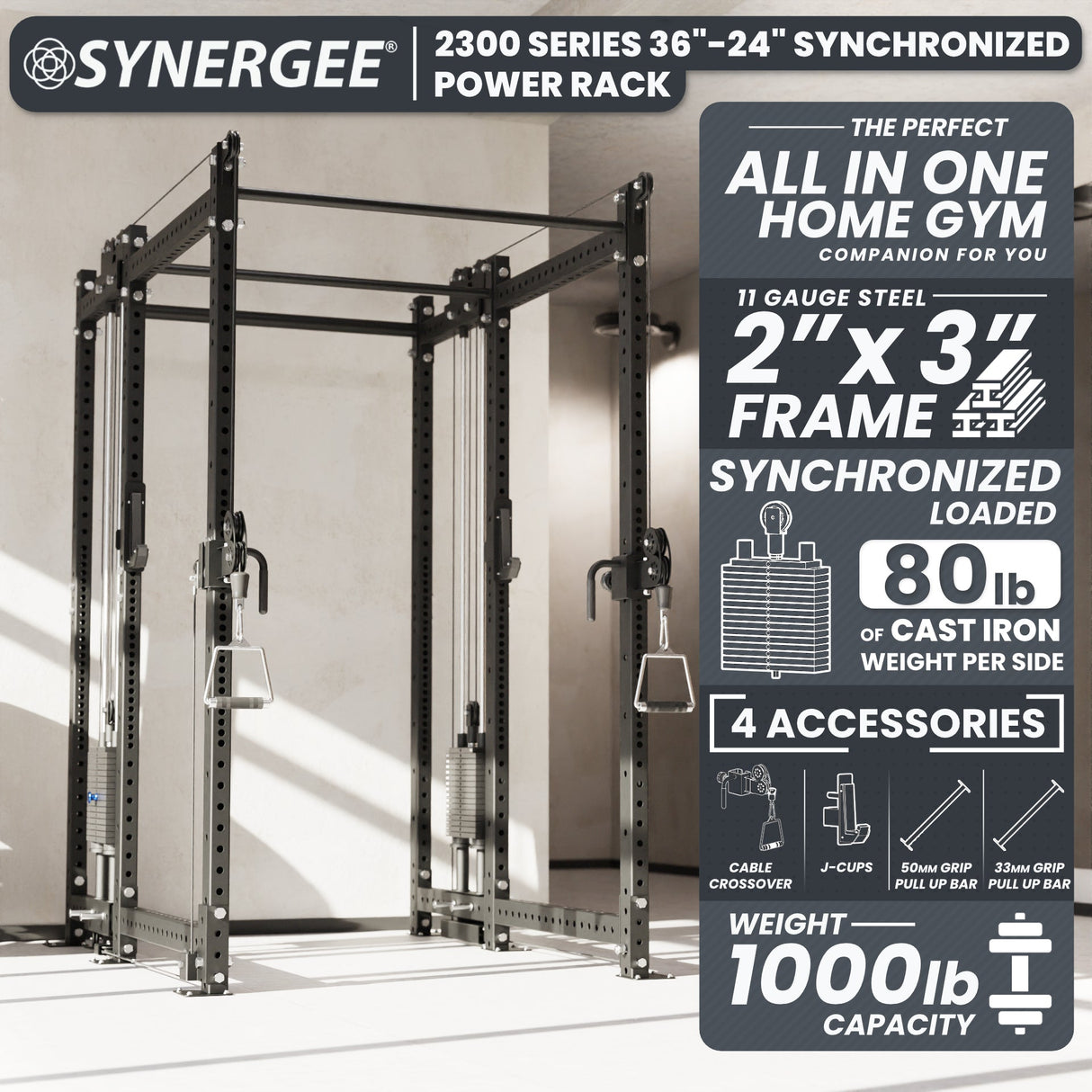 Synergee 2300 Series Power Cage with Synchronized Cable Crossovers – Dual 80lb Stacks, Adjustable Pulleys, and Multi-Grip Pull-Up Bars