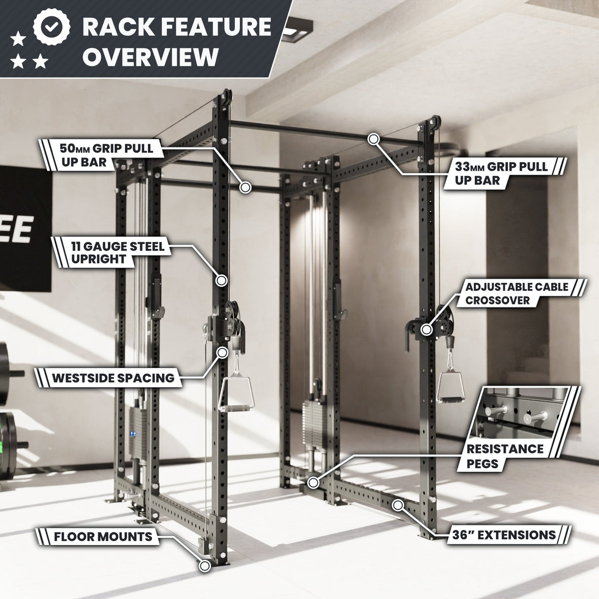 Synergee 2300 Series Power Cage with Synchronized Cable Crossovers – Dual 80lb Stacks, Adjustable Pulleys, and Multi-Grip Pull-Up Bars