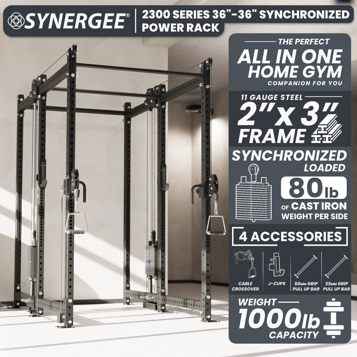 Synergee 2300 Series Power Cage with Synchronized Cable Crossovers – Dual 80lb Stacks, Adjustable Pulleys, and Multi-Grip Pull-Up Bars